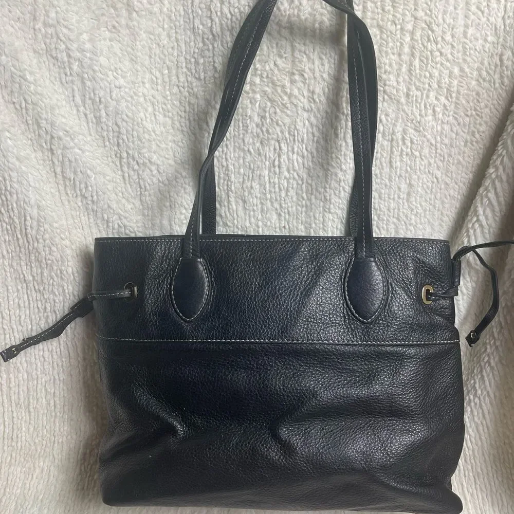 Michael Kors Black Leather Shoulder Bag with side drawstring gold tone hardwares